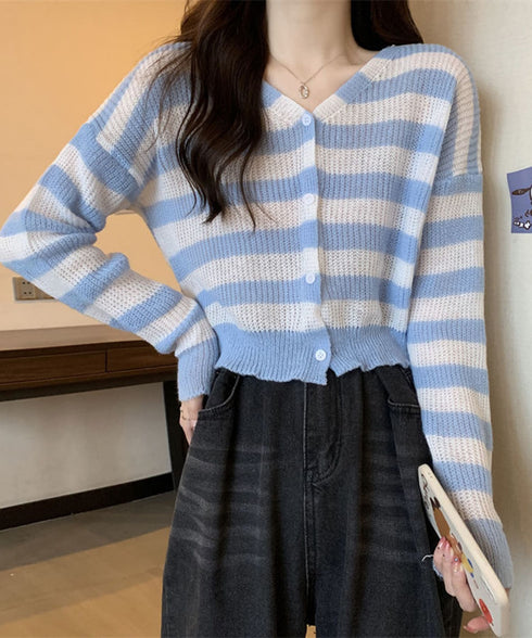 ワイドボーダー編みニットカーディガン